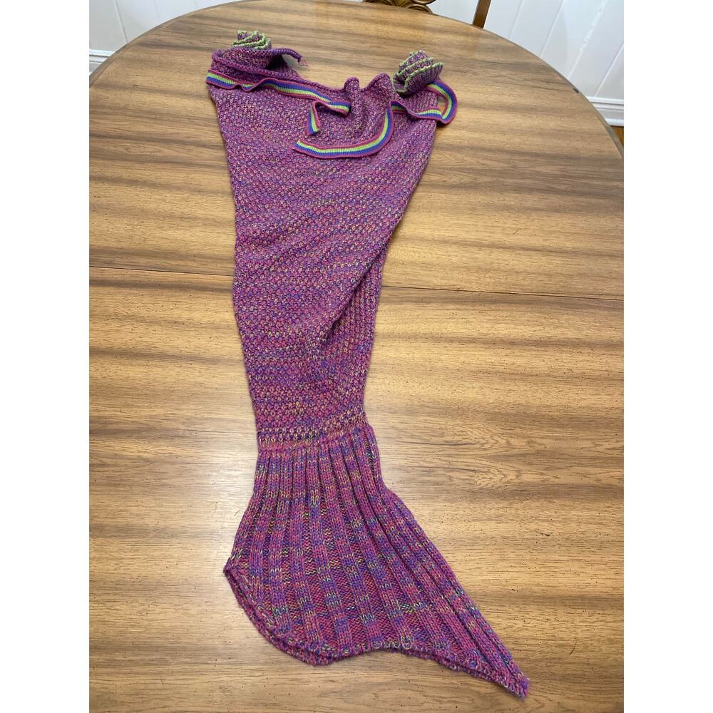 Crochet Knitted Mermaid Fish Tail Blanket‎ Rose Tie Closures Purple Green Cozy